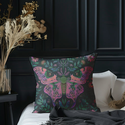 A beautifully detailed pillowcase cover featuring a vibrant moth in shades of pink, purple, and green. The moth is framed by intricate floral designs, including lush green leaves and pink flowers, all set against a dark, moody background. The design evokes a cottagecore aesthetic with gothic undertones, blending nature with a magical, whimsical vibe.